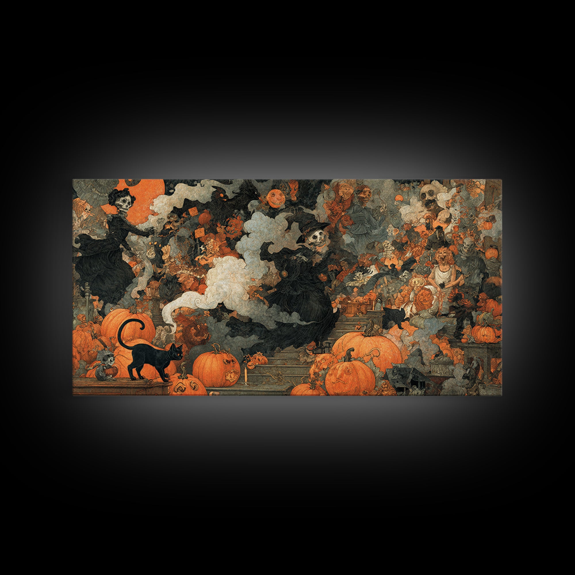 Vintage Orange-And-Black Halloween, Grotesque Carnival Art, Wide Panoramic Art, Macabre Wall Art, Framed Canvas Print, Halloween Wall Art
