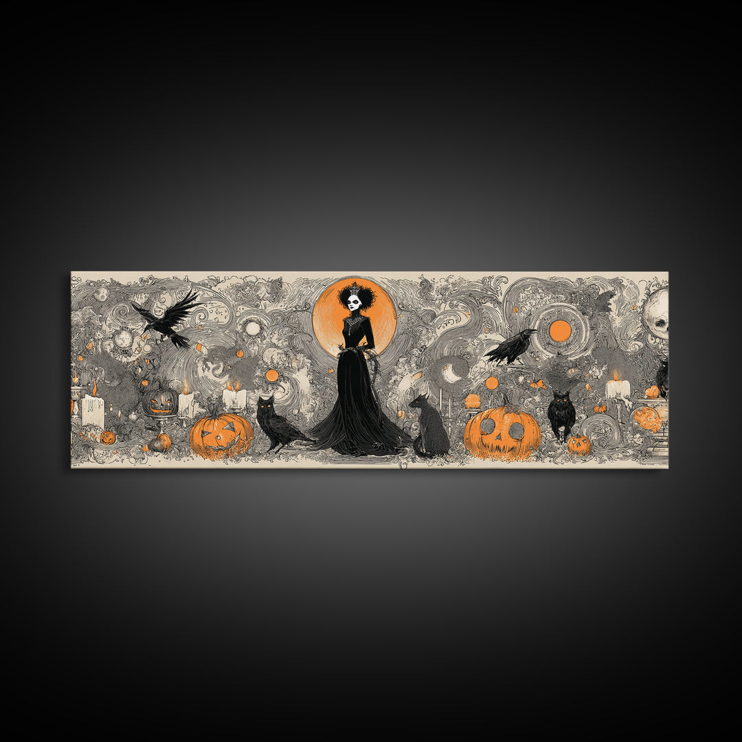 Vintage Orange-And-Black Halloween, Decadent Line Art, Extra Wide Wall Art, Macabre Wall Art, Canvas Print, Halloween Wall Art