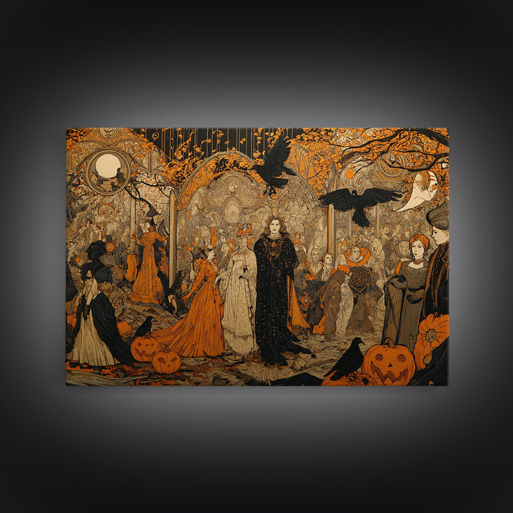 Vintage Orange-And-Black Halloween, Stained Glass Gothic Art, Landscape Wall Art, Macabre Wall Art, Canvas Print, Halloween Wall Art