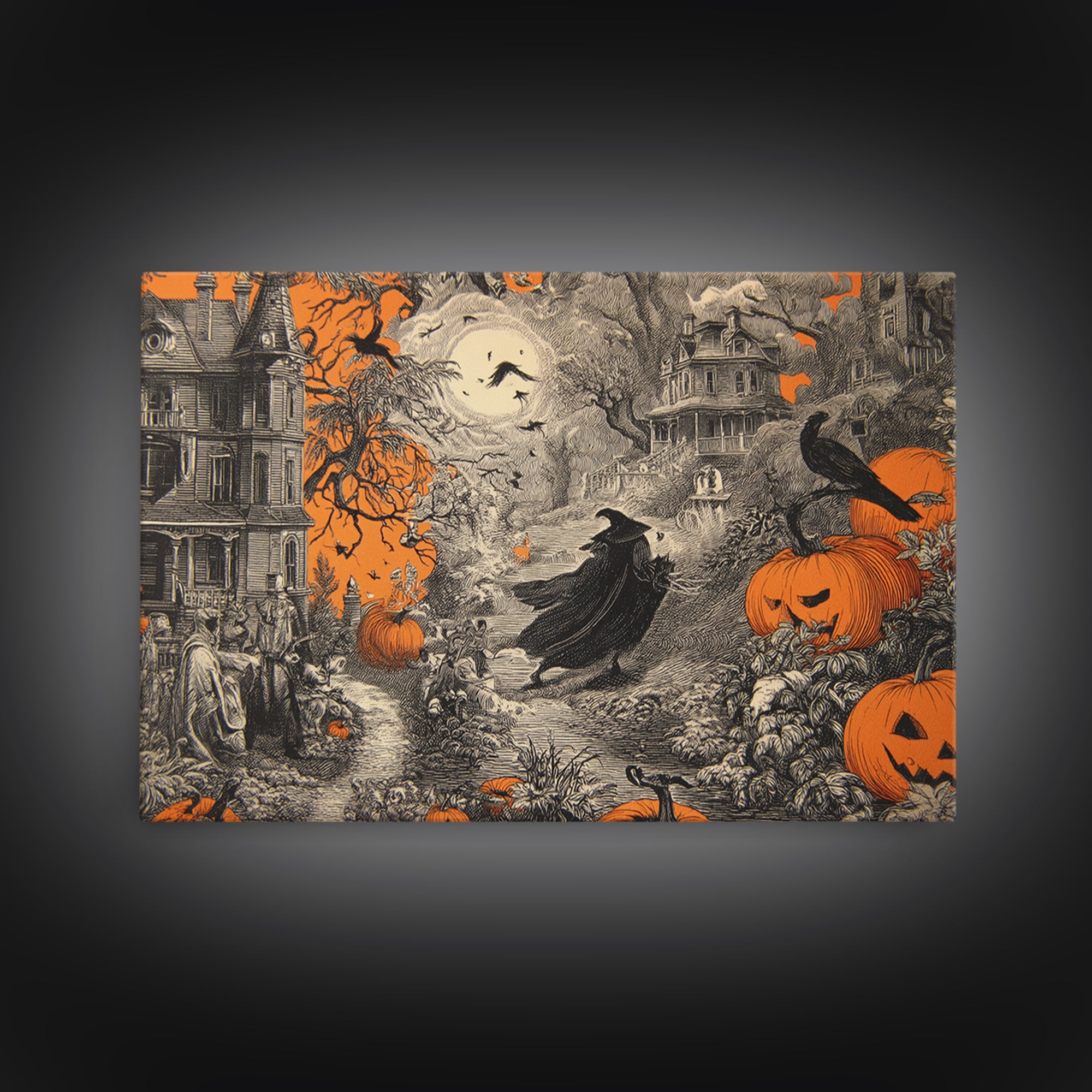 Vintage Orange-And-Black Halloween, Victorian Macabre Art, Landscape Wall Art, Macabre Wall Art, Canvas Print, Halloween Wall Art