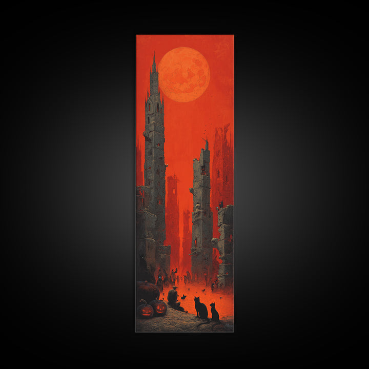 Vintage Orange-And-Black Halloween, Surreal Apocalyptic Art, Tall Narrow Wall Art, Macabre Wall Art, Framed Canvas Print