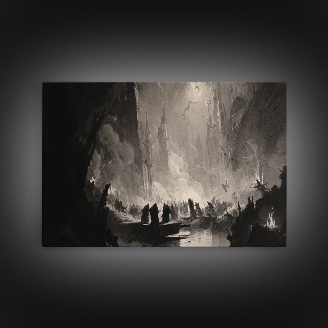 Monochrome Gothic Halloween, Gothic Engraving Art, Landscape Wall Art, Macabre Wall Art, Framed Canvas Print, Halloween Wall Art