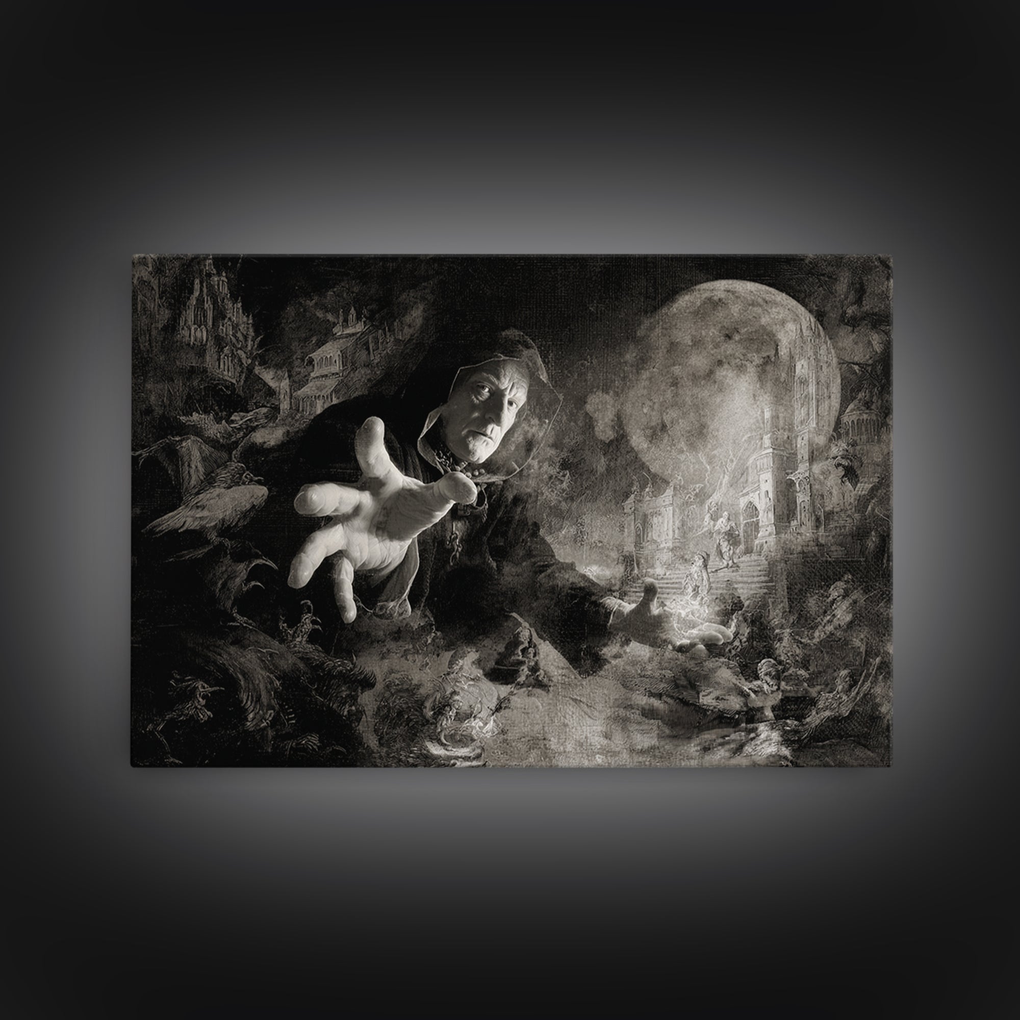 Monochrome Gothic Halloween, Medieval Grotesque Art, Landscape Wall Art, Dark Halloween Decor, Framed Canvas Print, Macabre Wall Art