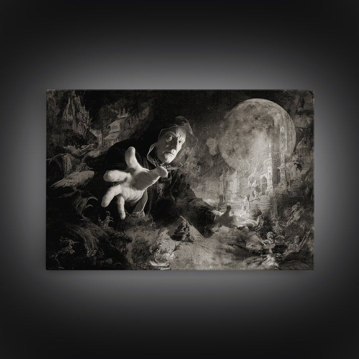 Monochrome Gothic Halloween, Medieval Grotesque Art, Landscape Wall Art, Dark Halloween Decor, Framed Canvas Print, Macabre Wall Art