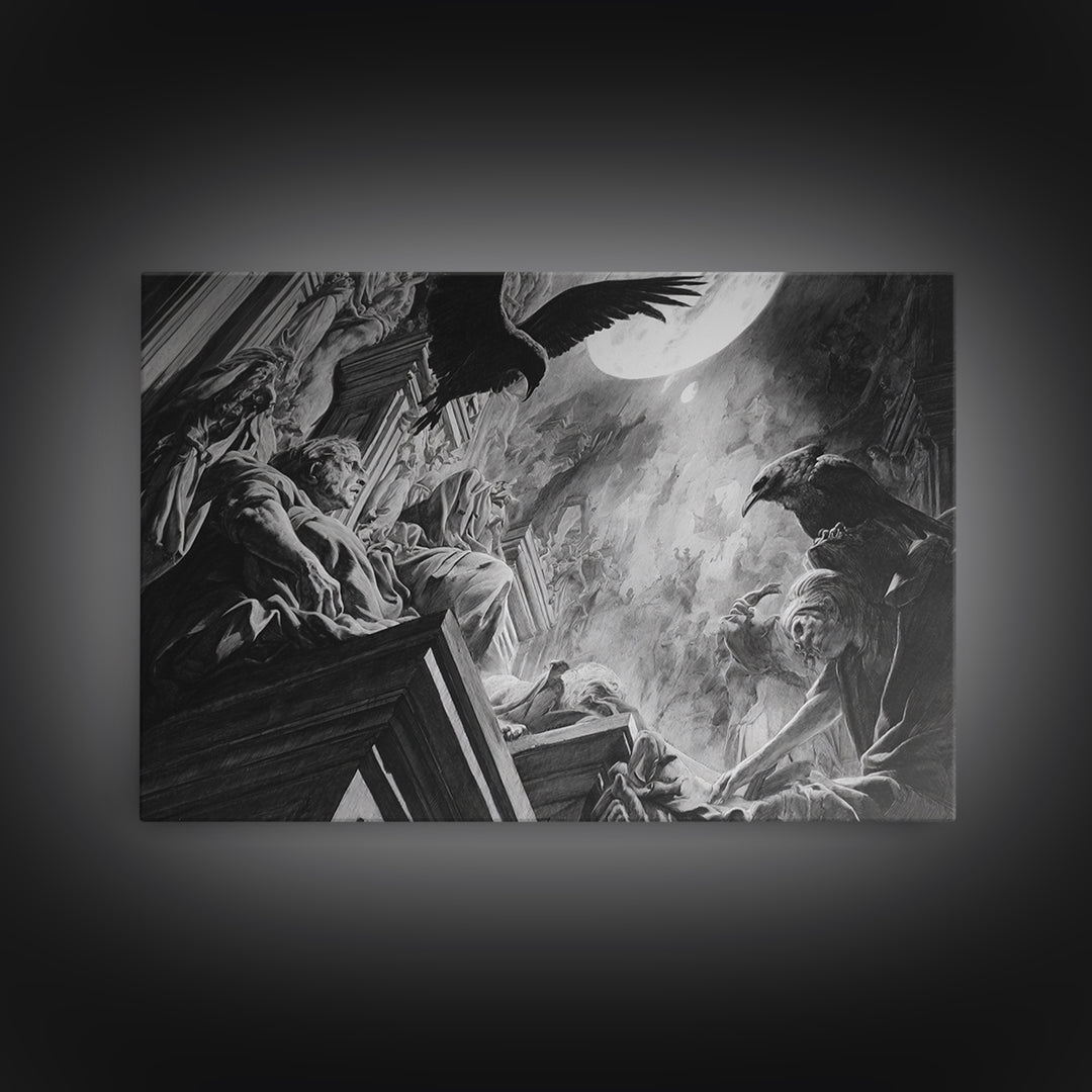 Monochrome Gothic Halloween, Dark Renaissance Art, Landscape Wall Art, Dark Halloween Decor, Framed Canvas Print