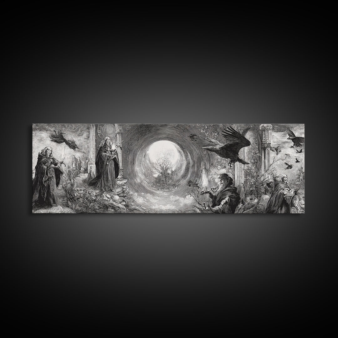 Monochrome Gothic Halloween, Renaissance Engraving Art, Extra Wide Wall Art, Gothic Horror Wall Art, Canvas Print, Halloween Wall Art