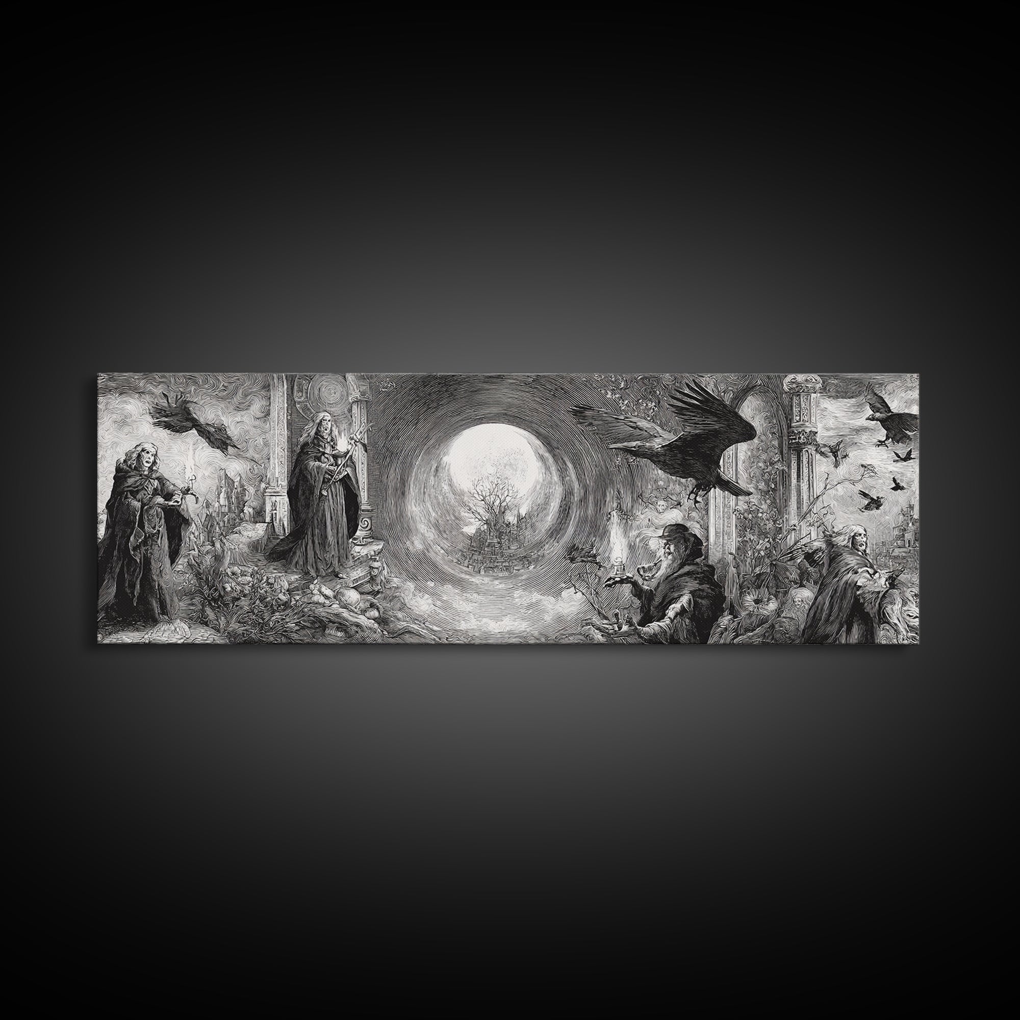 Monochrome Gothic Halloween, Renaissance Engraving Art, Extra Wide Wall Art, Gothic Horror Wall Art, Canvas Print, Halloween Wall Art