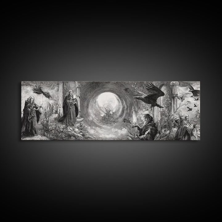 Monochrome Gothic Halloween, Renaissance Engraving Art, Extra Wide Wall Art, Gothic Horror Wall Art, Canvas Print, Halloween Wall Art