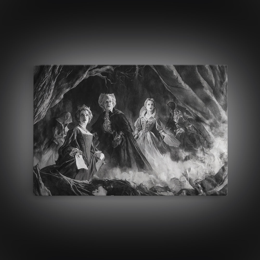 Monochrome Gothic Halloween, Baroque Witchcraft Art, Landscape Wall Art, Macabre Wall Art, Canvas Print, Halloween Wall Art