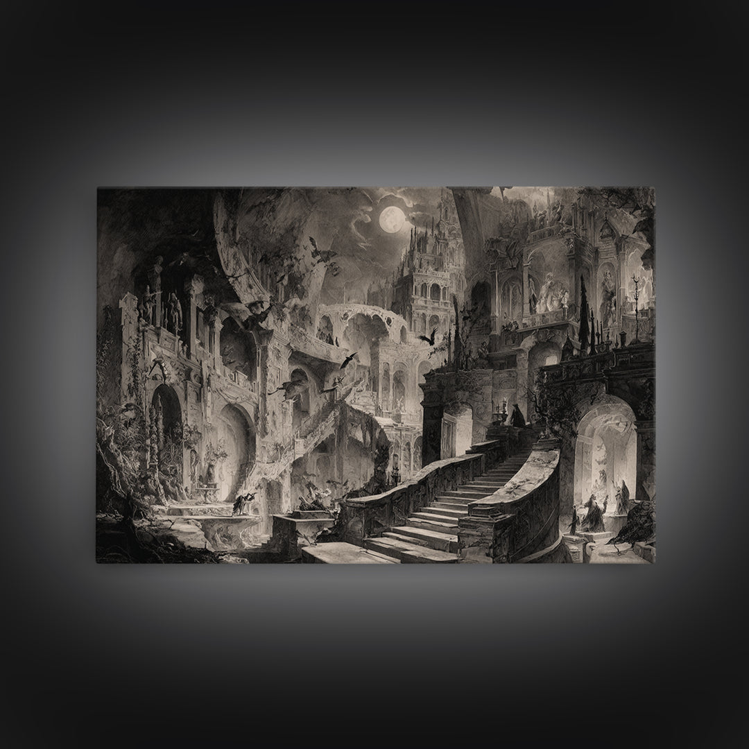 Monochrome Gothic Halloween, Architectural Etching Art, Landscape Wall Art, Dark Fantasy Wall Art, Canvas Print