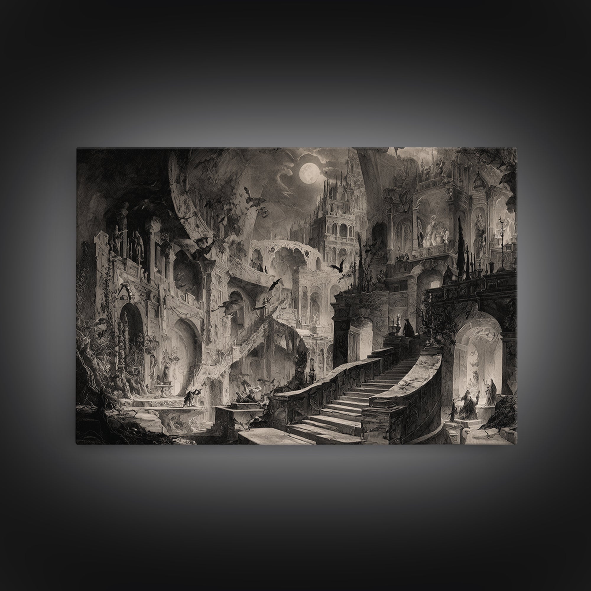 Monochrome Gothic Halloween, Architectural Etching Art, Landscape Wall Art, Dark Fantasy Wall Art, Canvas Print