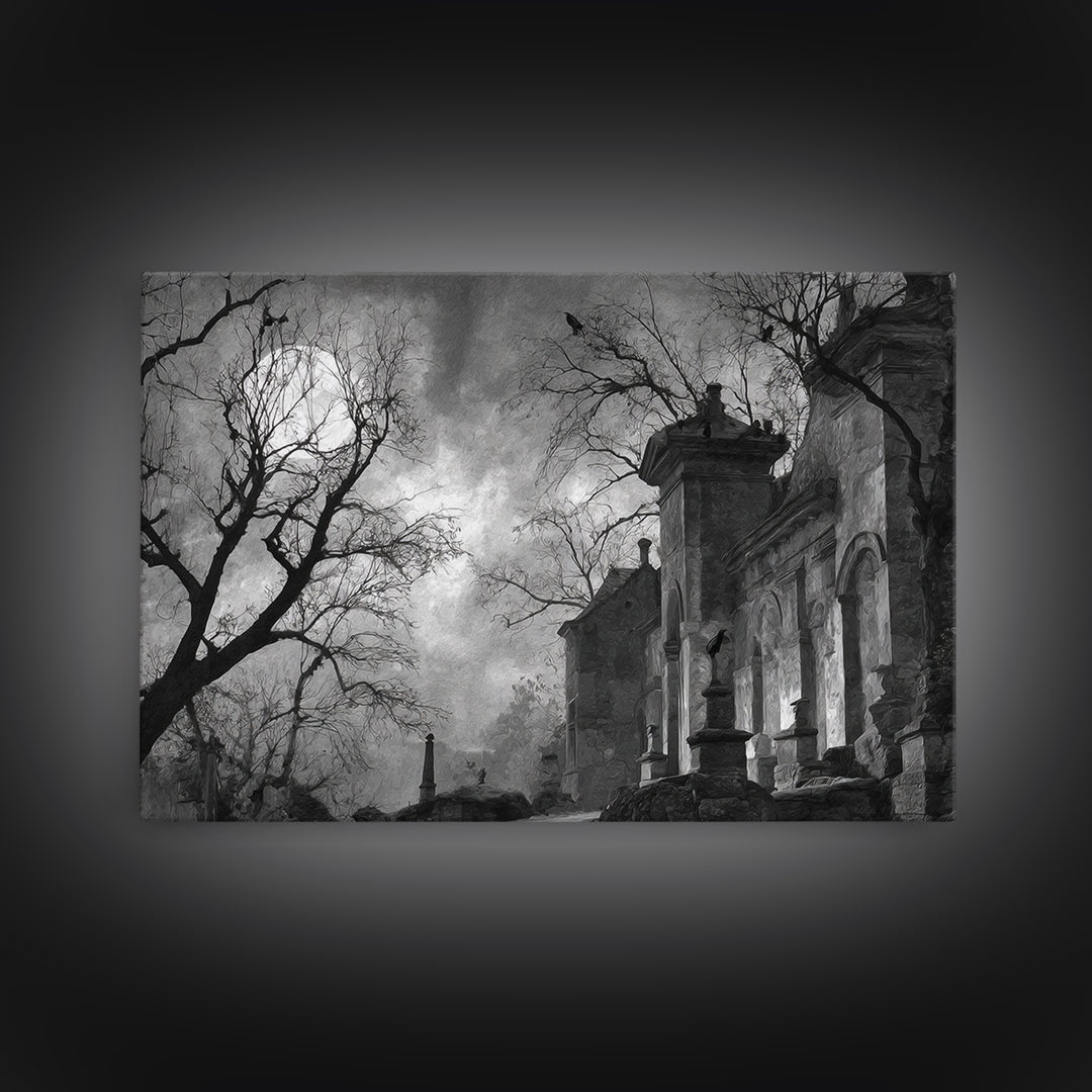 Monochrome Gothic Halloween, Romantic Gothic Landscape, Landscape Wall Art, Dark Fantasy Wall Art, Framed Canvas Print