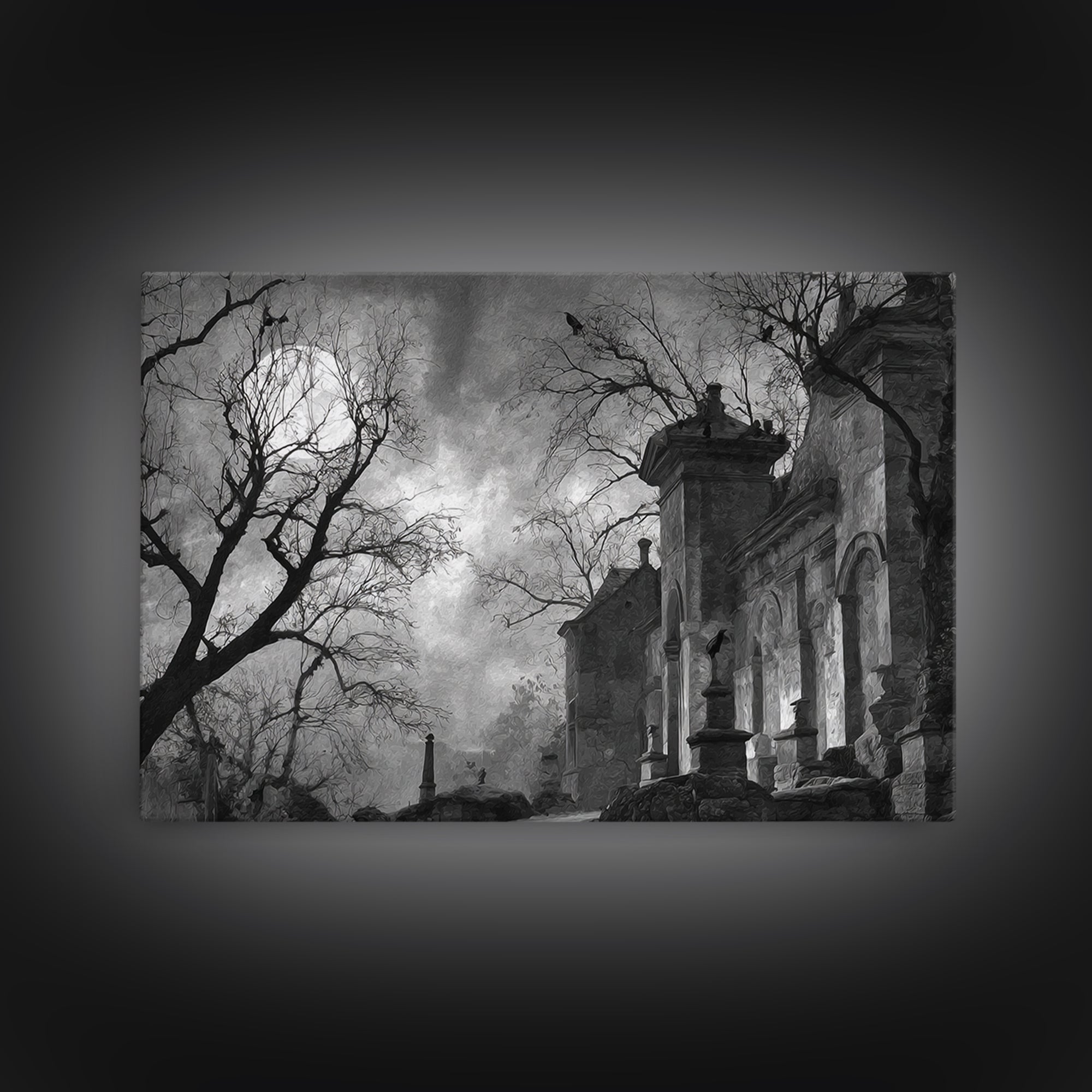 Monochrome Gothic Halloween, Romantic Gothic Landscape, Landscape Wall Art, Dark Fantasy Wall Art, Framed Canvas Print