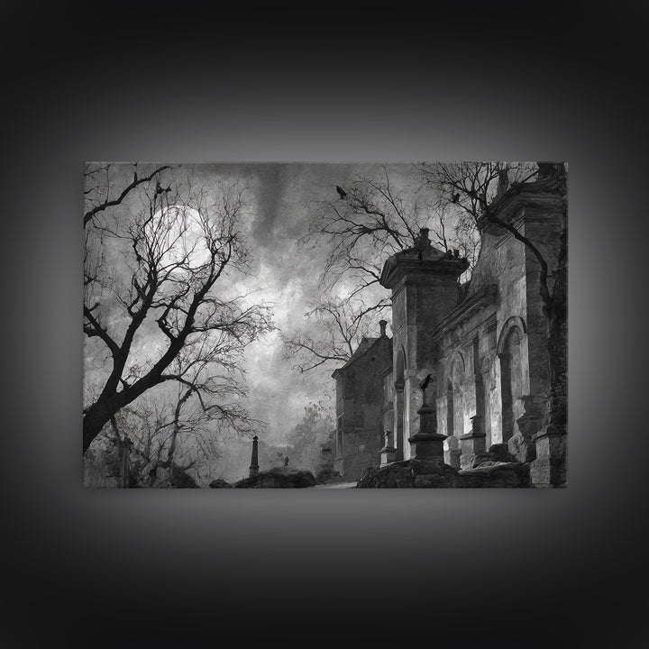 Monochrome Gothic Halloween, Romantic Gothic Landscape, Landscape Wall Art, Dark Fantasy Wall Art, Framed Canvas Print