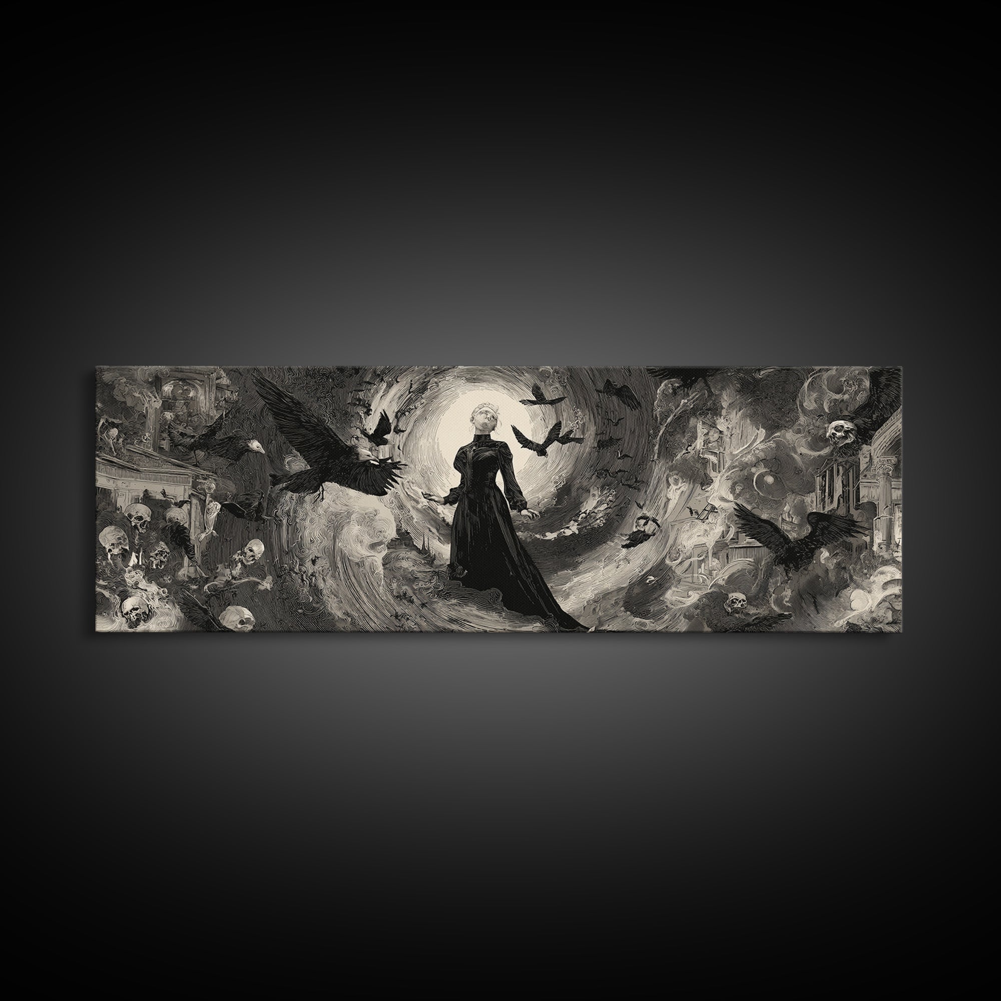 Monochrome Gothic Halloween, Decadent Gothic Art, Extra Wide Wall Art, Gothic Horror Wall Art, Framed Canvas Print, Gothic Home Decor