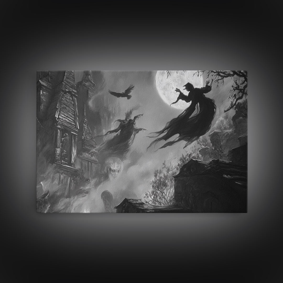 Monochrome Gothic Halloween, Expressionist Nightmare Art, Landscape Wall Art, Dark Halloween Decor, Framed Canvas Print, Halloween Wall Art