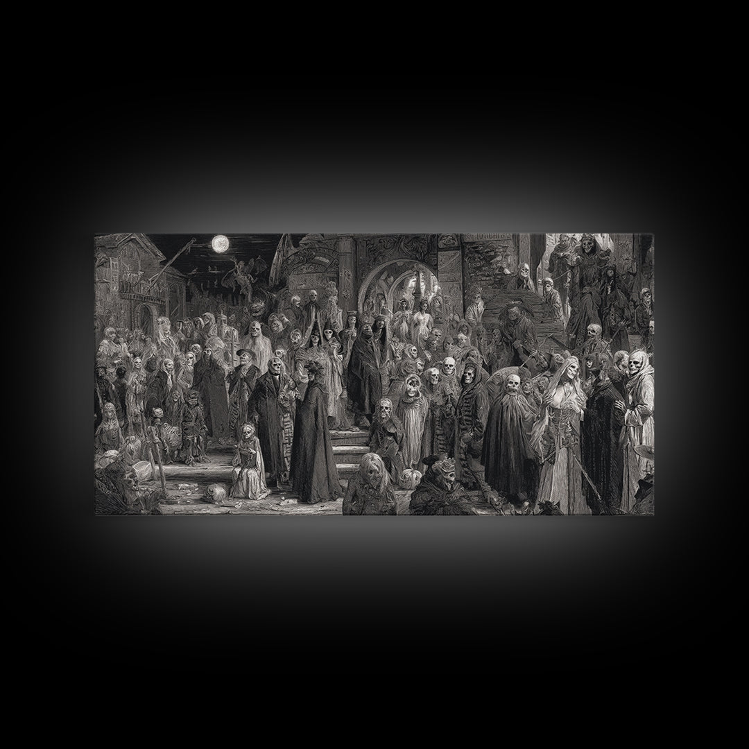 Monochrome Gothic Halloween, Grotesque Carnival Art, Wide Panoramic Art, Dark Halloween Decor, Canvas Print, Halloween Wall Art