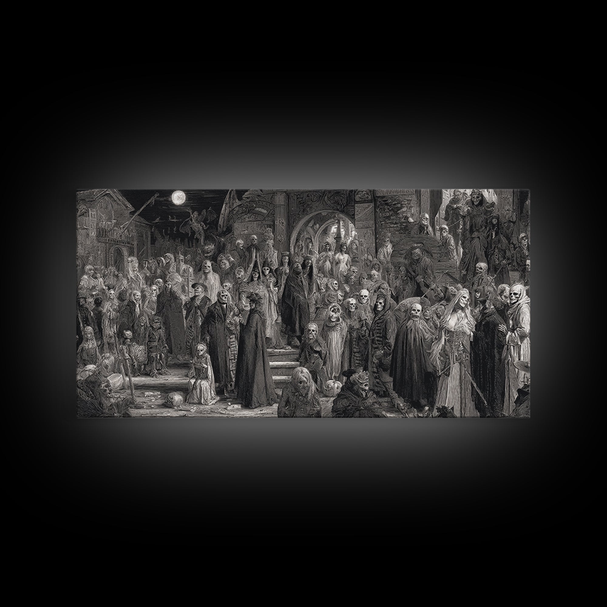 Monochrome Gothic Halloween, Grotesque Carnival Art, Wide Panoramic Art, Dark Halloween Decor, Canvas Print, Halloween Wall Art