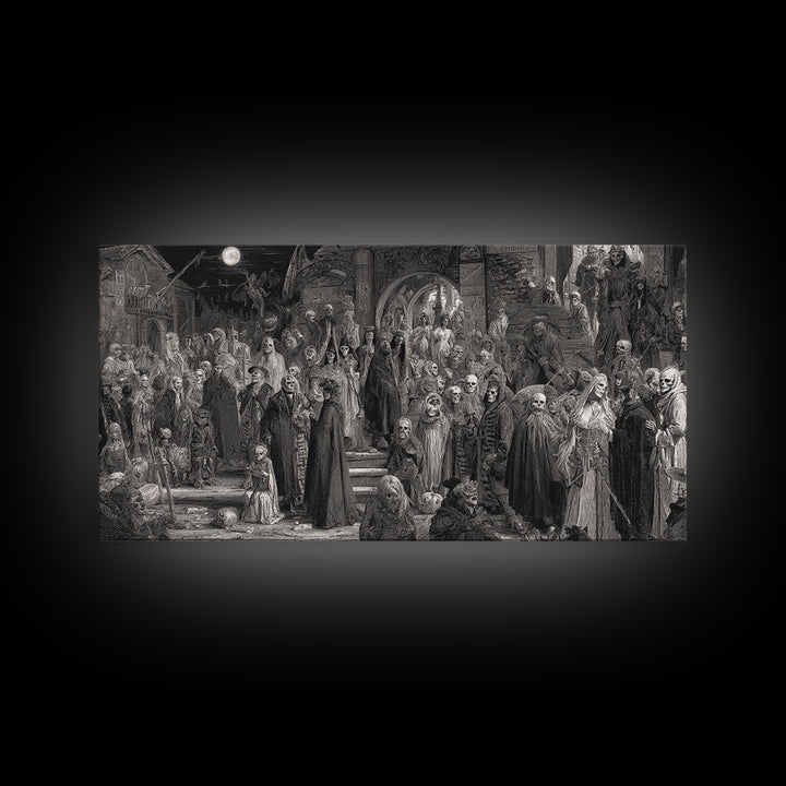 Monochrome Gothic Halloween, Grotesque Carnival Art, Wide Panoramic Art, Dark Halloween Decor, Canvas Print, Halloween Wall Art