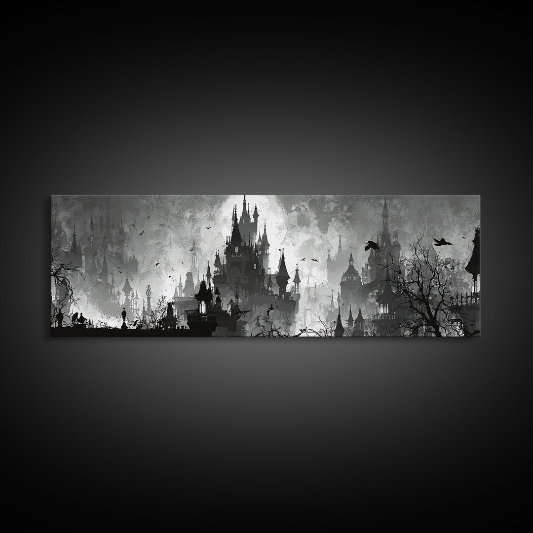 Monochrome Gothic Halloween, Decadent Line Art, Extra Wide Wall Art, Dark Halloween Decor, Canvas Print, Halloween Wall Art