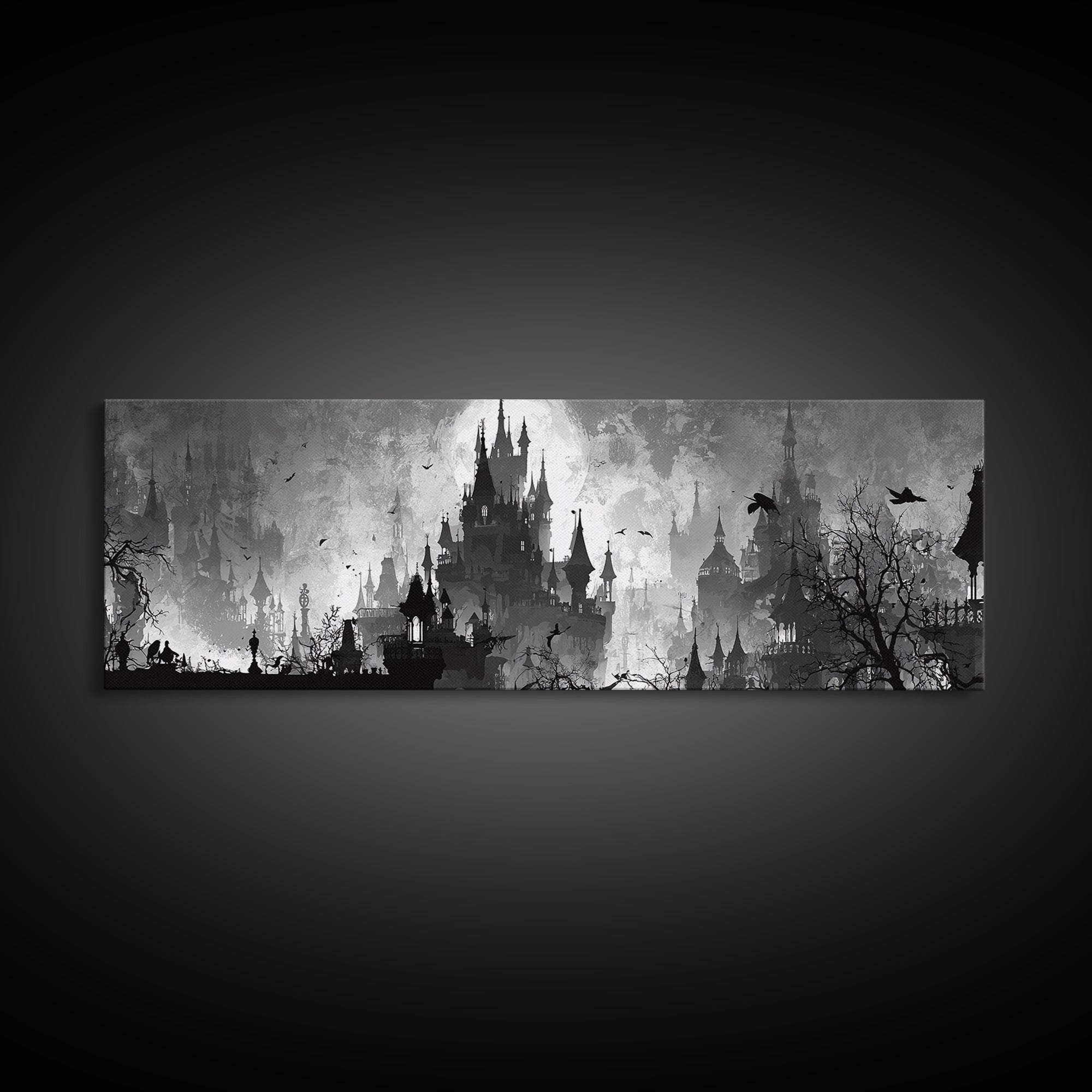 Monochrome Gothic Halloween, Decadent Line Art, Extra Wide Wall Art, Dark Halloween Decor, Canvas Print, Halloween Wall Art
