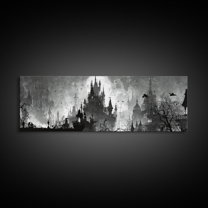 Monochrome Gothic Halloween, Decadent Line Art, Extra Wide Wall Art, Dark Halloween Decor, Canvas Print, Halloween Wall Art