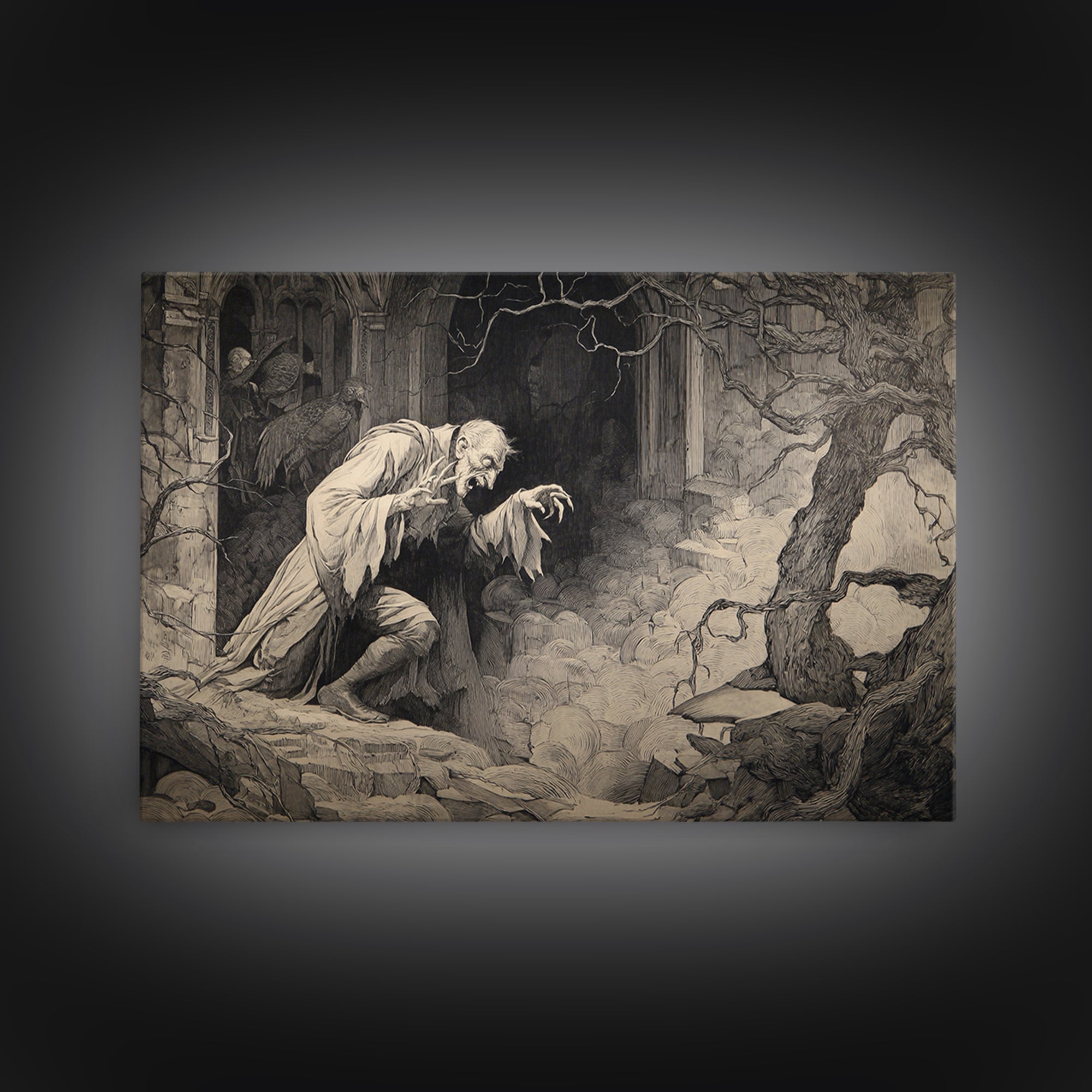 Monochrome Gothic Halloween, Gothic Storybook Art, Landscape Wall Art, Macabre Wall Art, Canvas Print, Halloween Wall Art