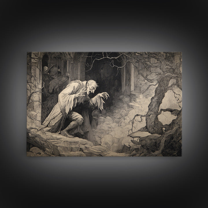 Monochrome Gothic Halloween, Gothic Storybook Art, Landscape Wall Art, Macabre Wall Art, Canvas Print, Halloween Wall Art