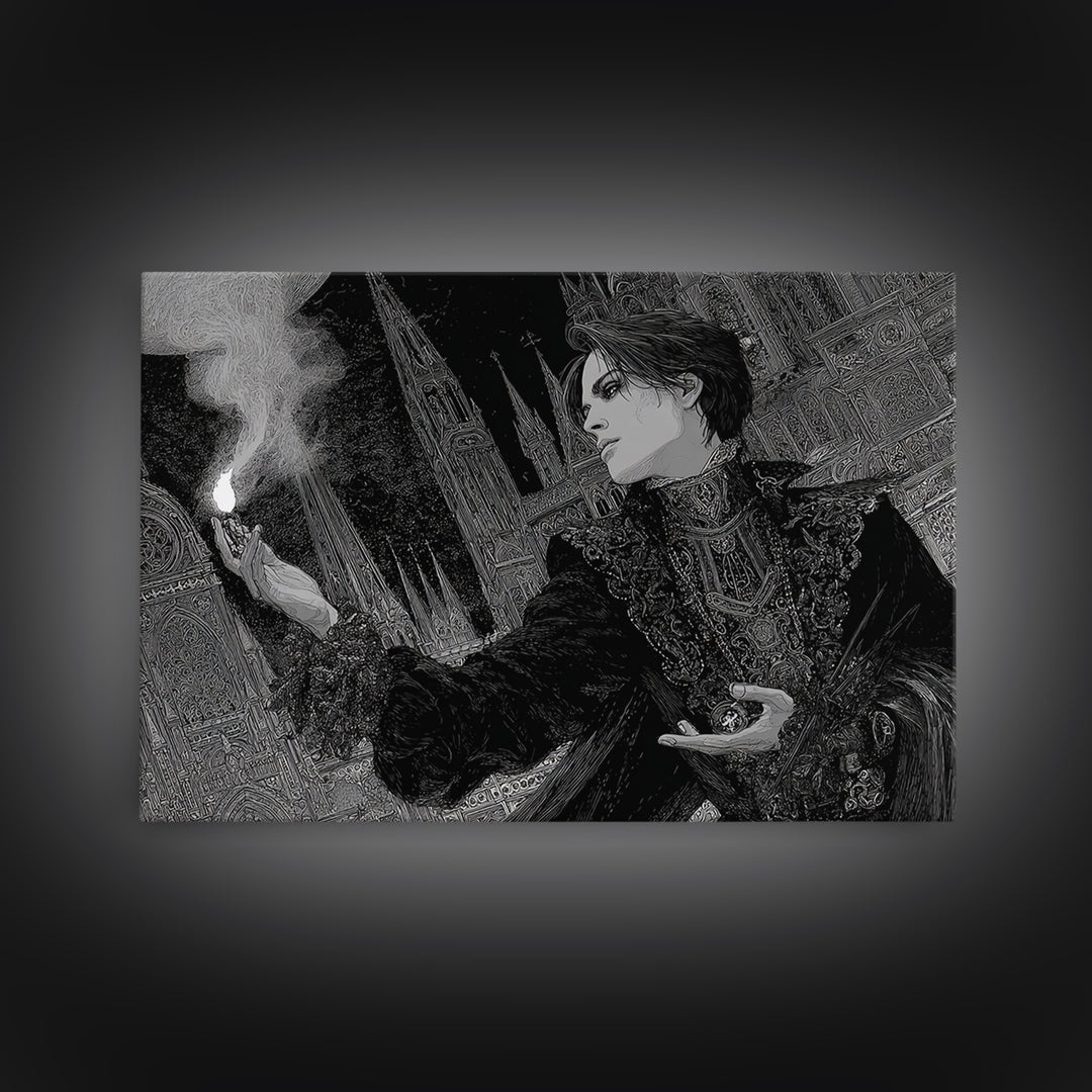 Monochrome Gothic Halloween, Stained Glass Gothic Art, Landscape Wall Art, Dark Halloween Decor, Framed Canvas Print, Halloween Wall Art