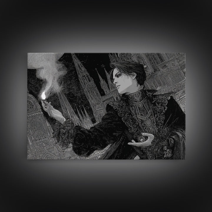 Monochrome Gothic Halloween, Stained Glass Gothic Art, Landscape Wall Art, Dark Halloween Decor, Framed Canvas Print, Halloween Wall Art