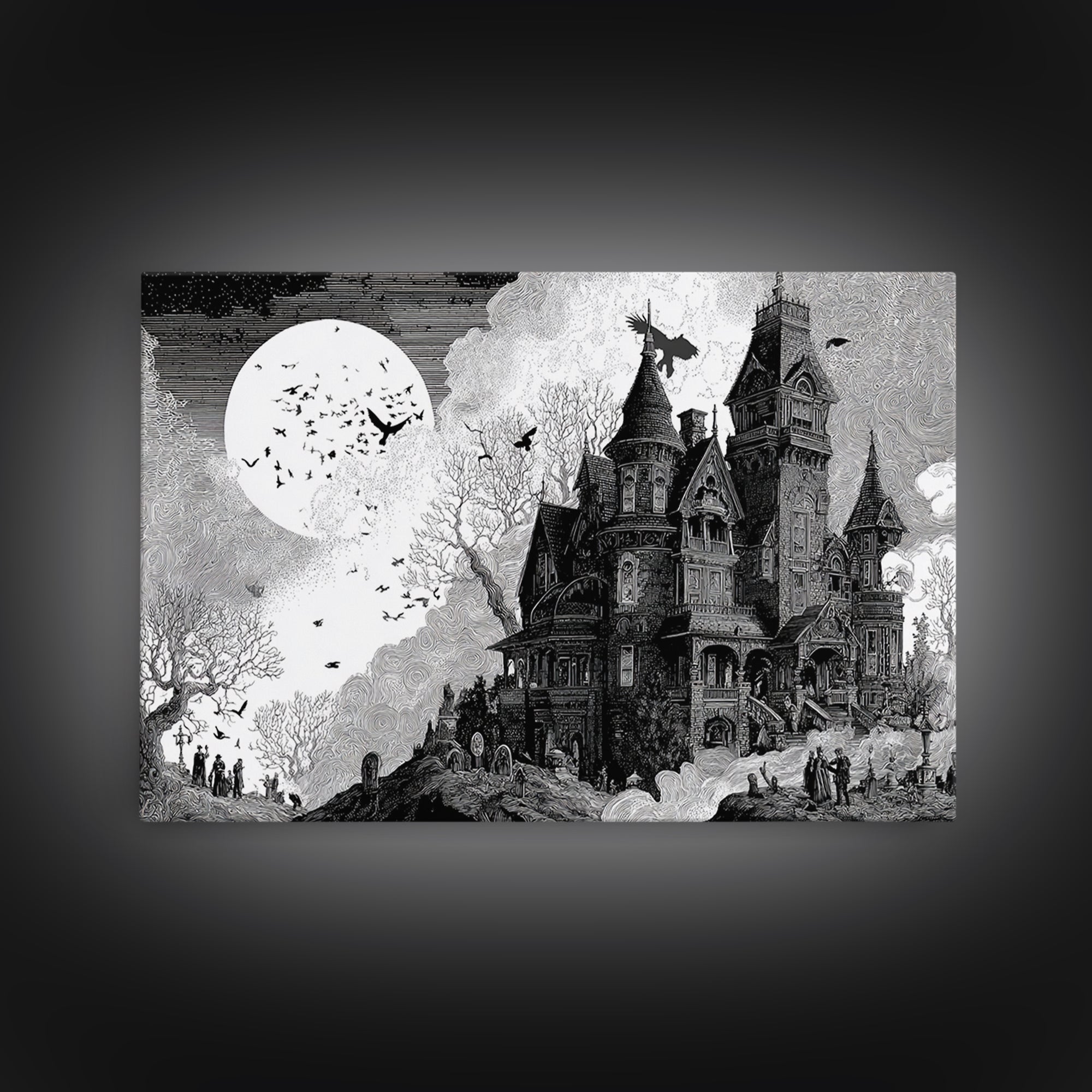 Monochrome Gothic Halloween, Victorian Macabre Art, Landscape Wall Art, Dark Halloween Decor, Canvas Print, Halloween Wall Art