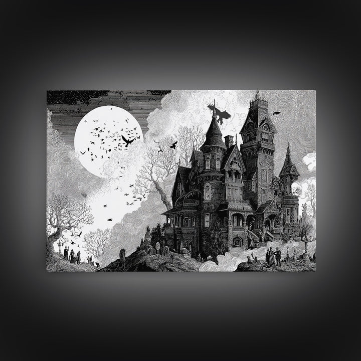 Monochrome Gothic Halloween, Victorian Macabre Art, Landscape Wall Art, Dark Halloween Decor, Canvas Print, Halloween Wall Art