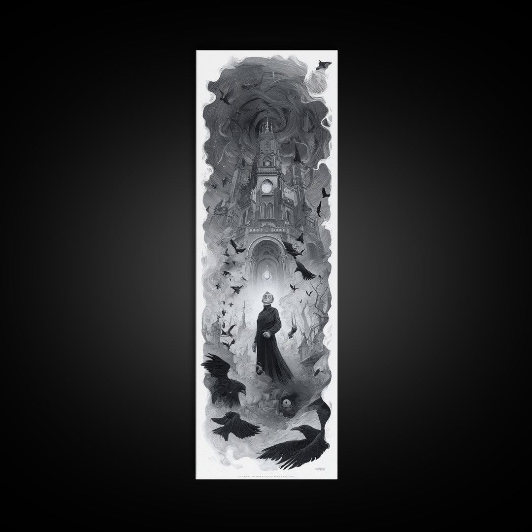 Monochrome Gothic Halloween, Surreal Apocalyptic Art, Tall Narrow Wall Art, Macabre Wall Art, Framed Canvas Print, Halloween Decor