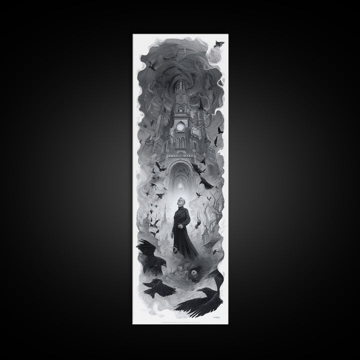 Monochrome Gothic Halloween, Surreal Apocalyptic Art, Tall Narrow Wall Art, Macabre Wall Art, Framed Canvas Print, Halloween Decor