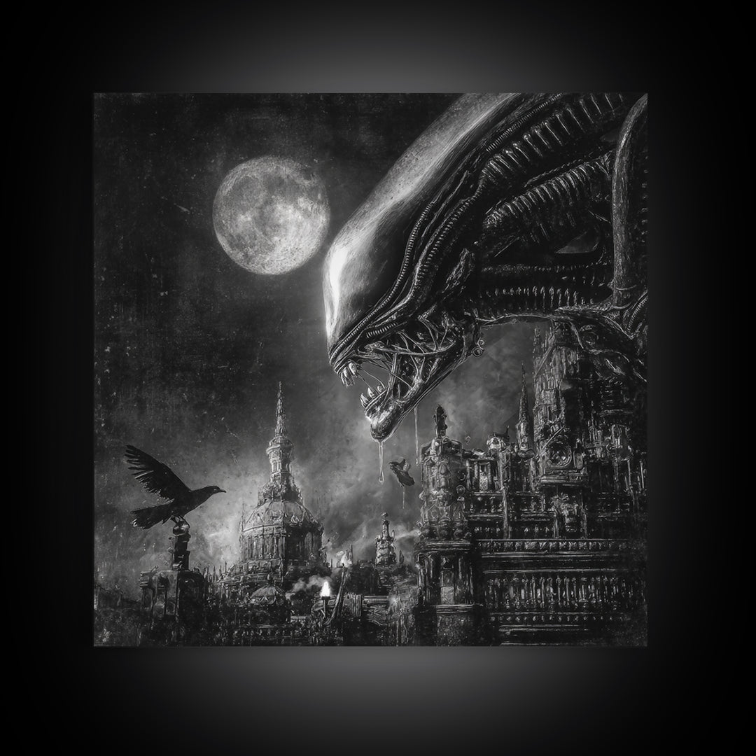 Monochrome Gothic Halloween, Biomechanical Horror Art, Square Wall Art, Gothic Horror Wall Art, Framed Canvas Print, Halloween Wall Art