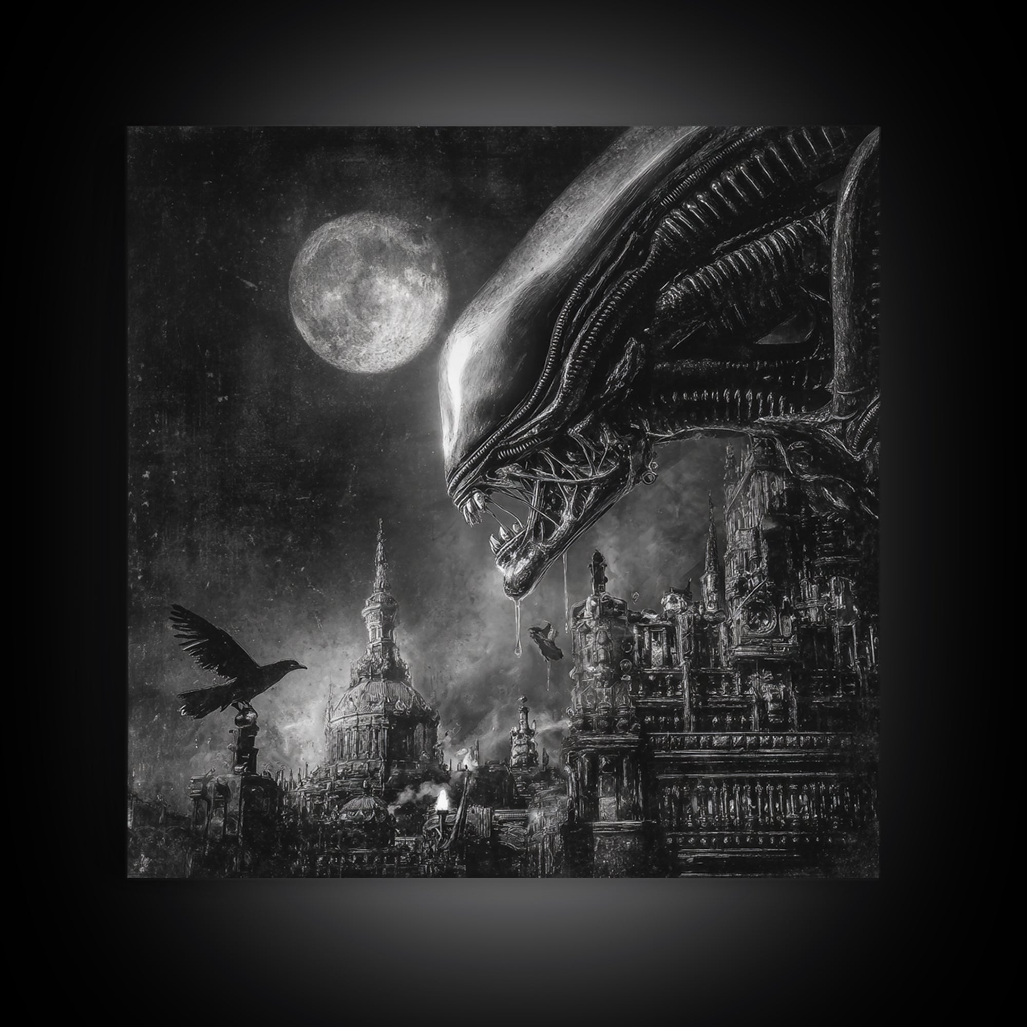 Monochrome Gothic Halloween, Biomechanical Horror Art, Square Wall Art, Gothic Horror Wall Art, Framed Canvas Print, Halloween Wall Art