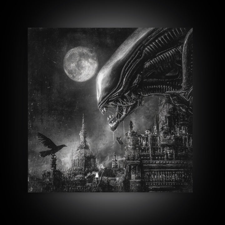 Monochrome Gothic Halloween, Biomechanical Horror Art, Square Wall Art, Gothic Horror Wall Art, Framed Canvas Print, Halloween Wall Art