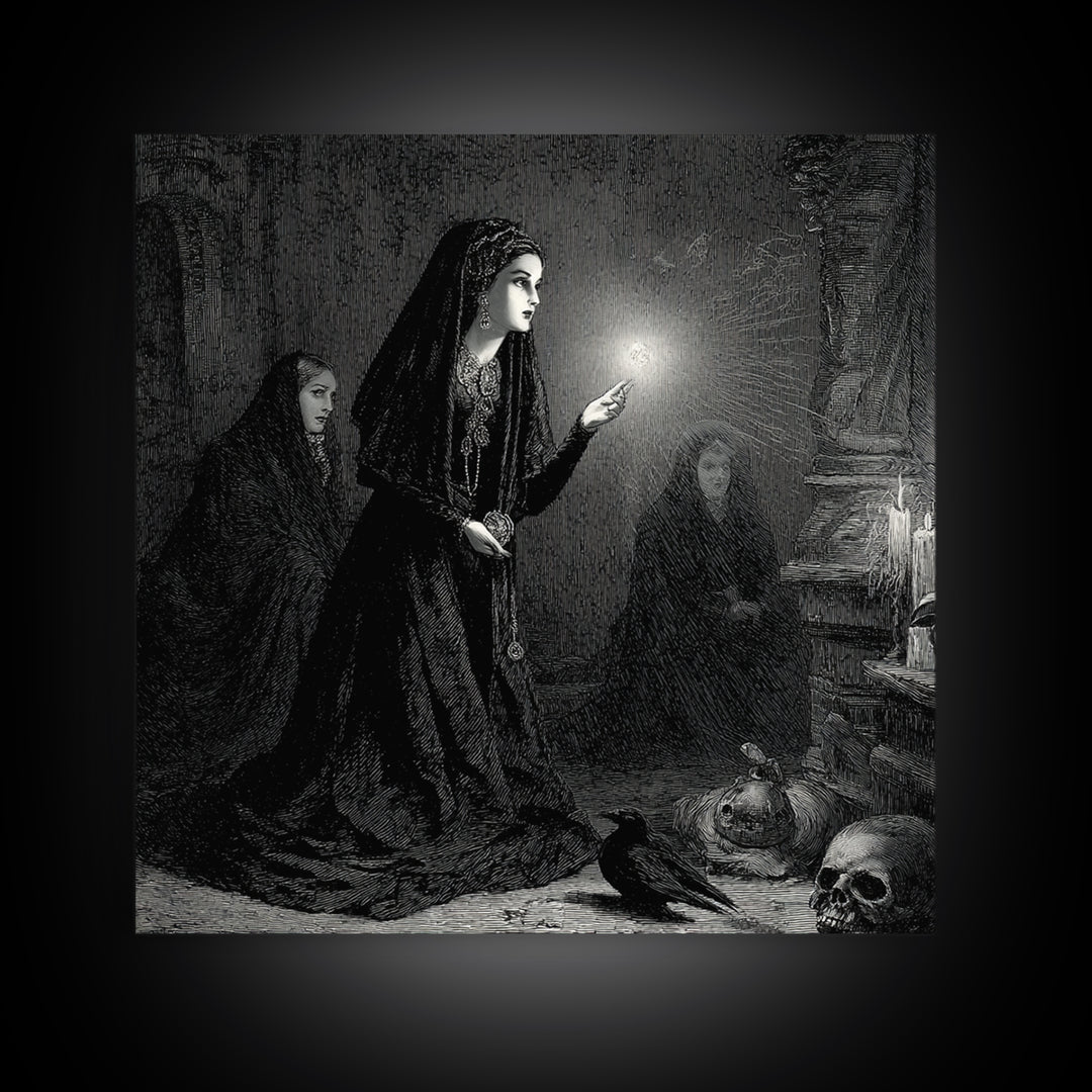 Victorian Mourning Halloween, Gothic Engraving Art, Square Wall Art, Dark Fantasy Wall Art, Canvas Print, Halloween Wall Art