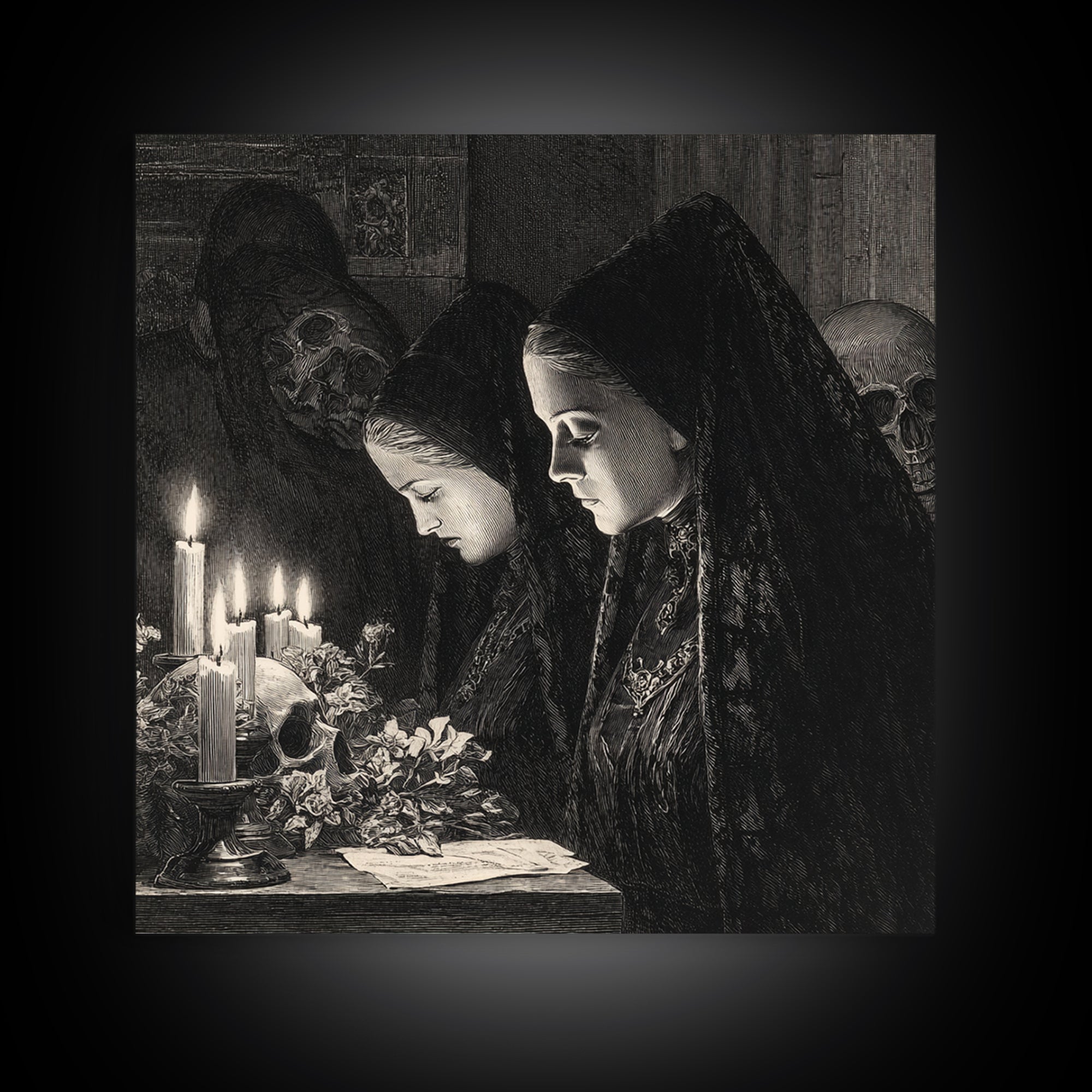 Victorian Mourning Halloween, Renaissance Engraving Art, Square Wall Art, Gothic Horror Wall Art, Canvas Print, Halloween Wall Art
