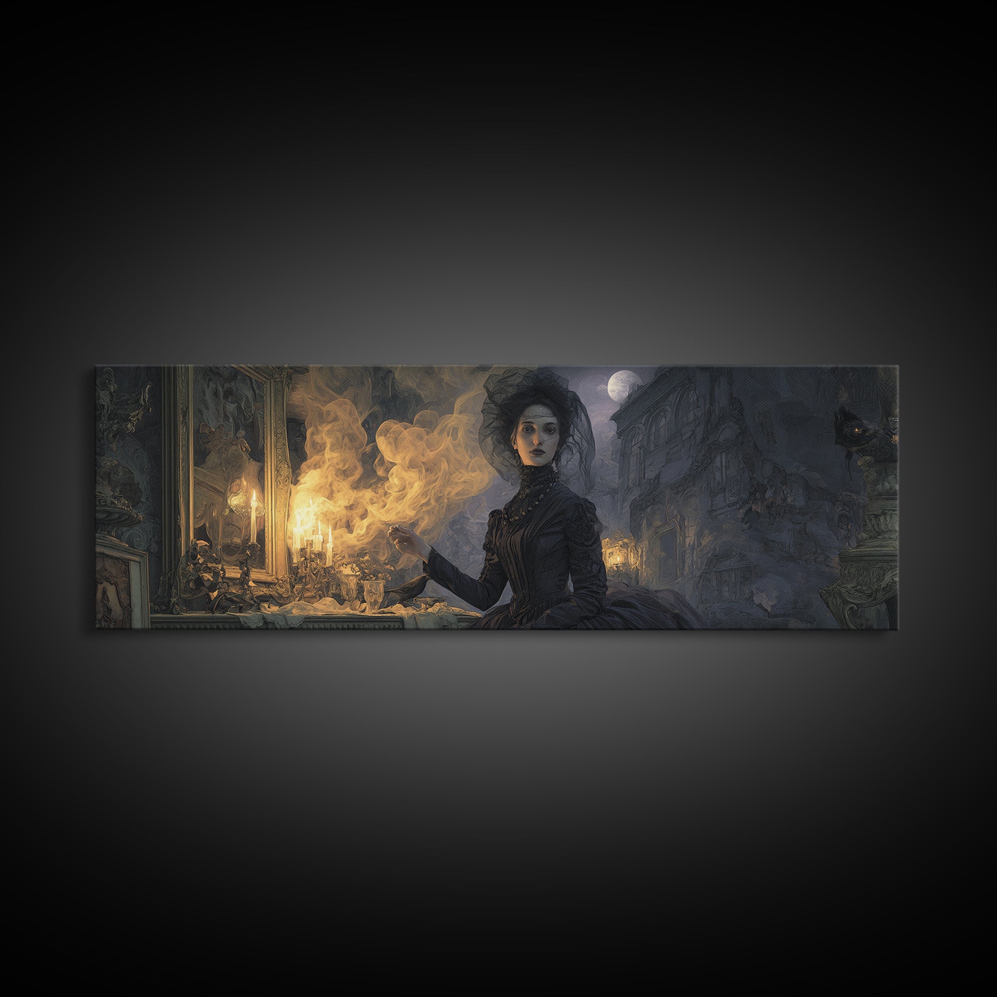 Victorian Mourning Halloween, Apocalyptic Romantic Art, Extra Wide Wall Art, Dark Halloween Decor, Framed Canvas Print, Halloween Wall Art