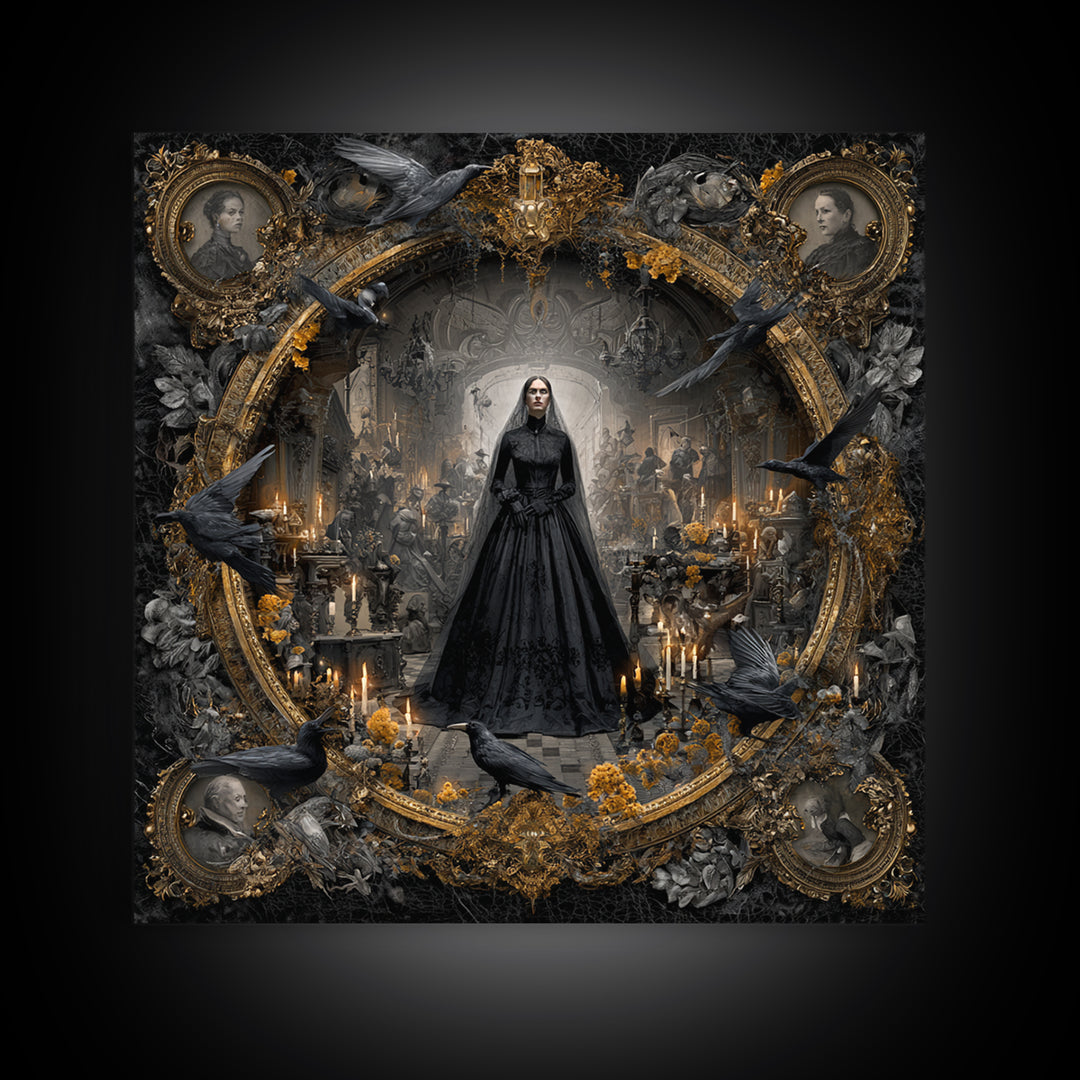 Victorian Mourning Halloween, Ornate Symbolist Art, Square Wall Art, Dark Halloween Decor, Framed Canvas Print, Halloween Wall Art
