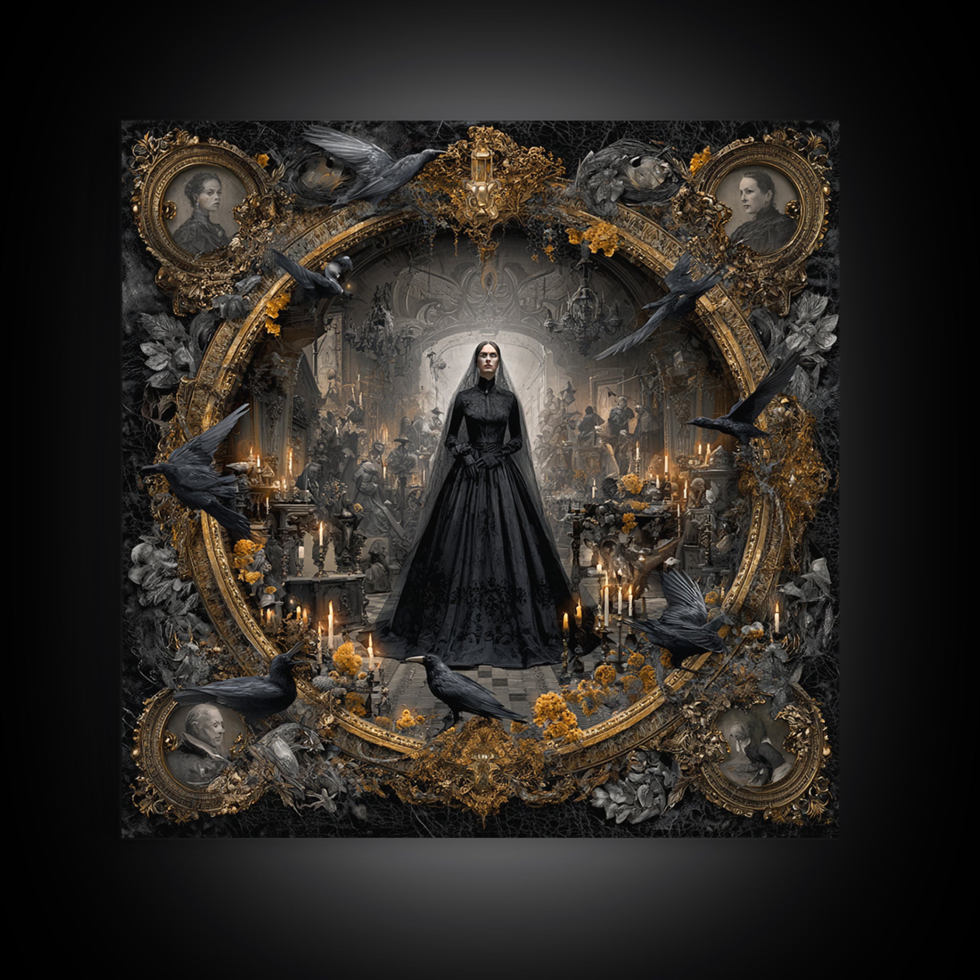 Victorian Mourning Halloween, Ornate Symbolist Art, Square Wall Art, Dark Halloween Decor, Framed Canvas Print, Halloween Wall Art