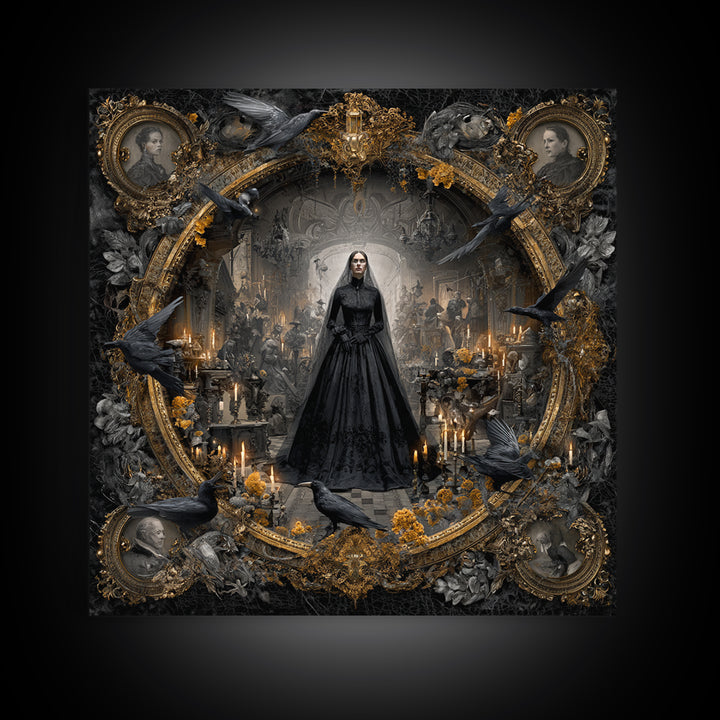 Victorian Mourning Halloween, Ornate Symbolist Art, Square Wall Art, Dark Halloween Decor, Framed Canvas Print, Halloween Wall Art