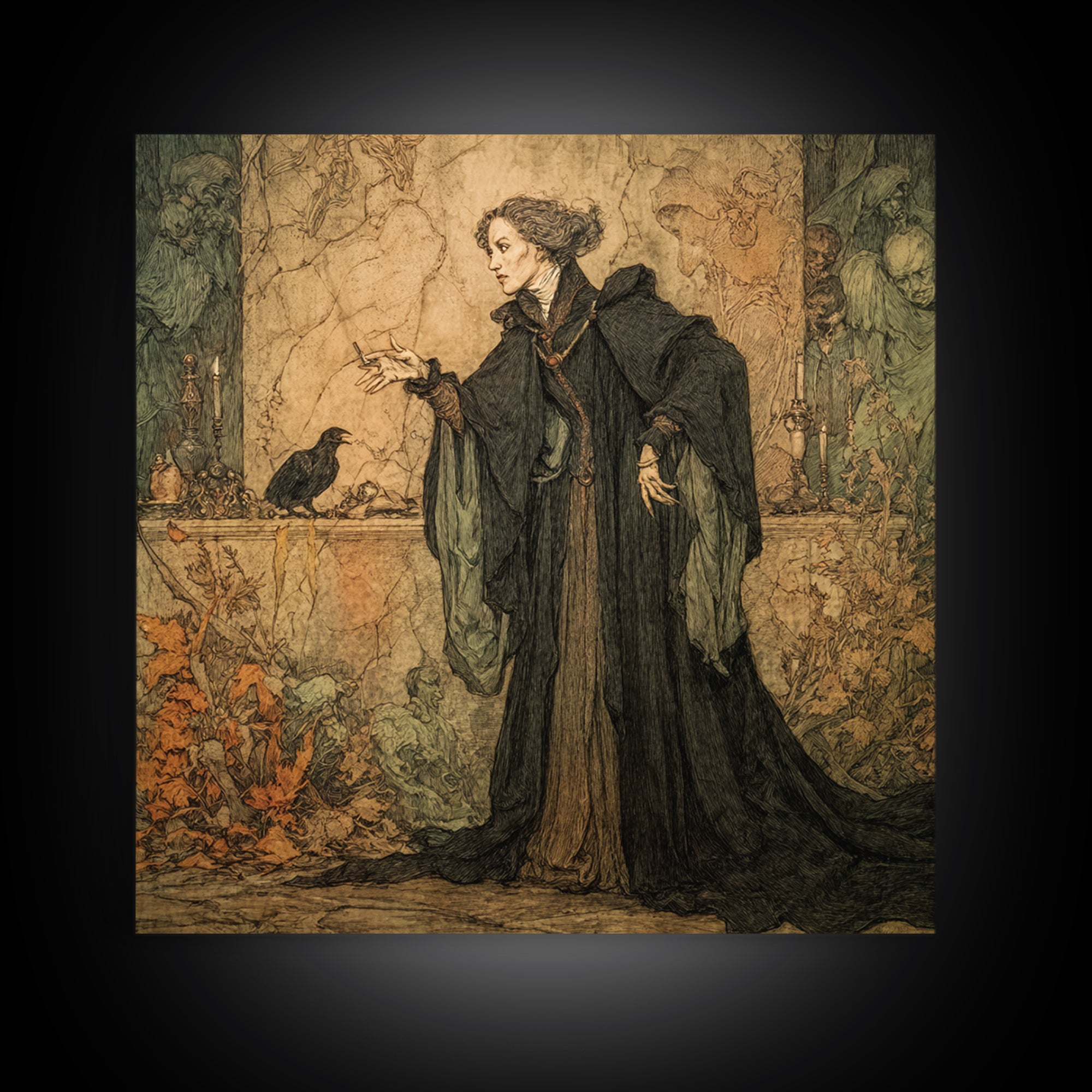 Victorian Mourning Halloween, Gothic Storybook Art, Square Wall Art, Gothic Horror Wall Art, Framed Canvas Print, Halloween Wall Art