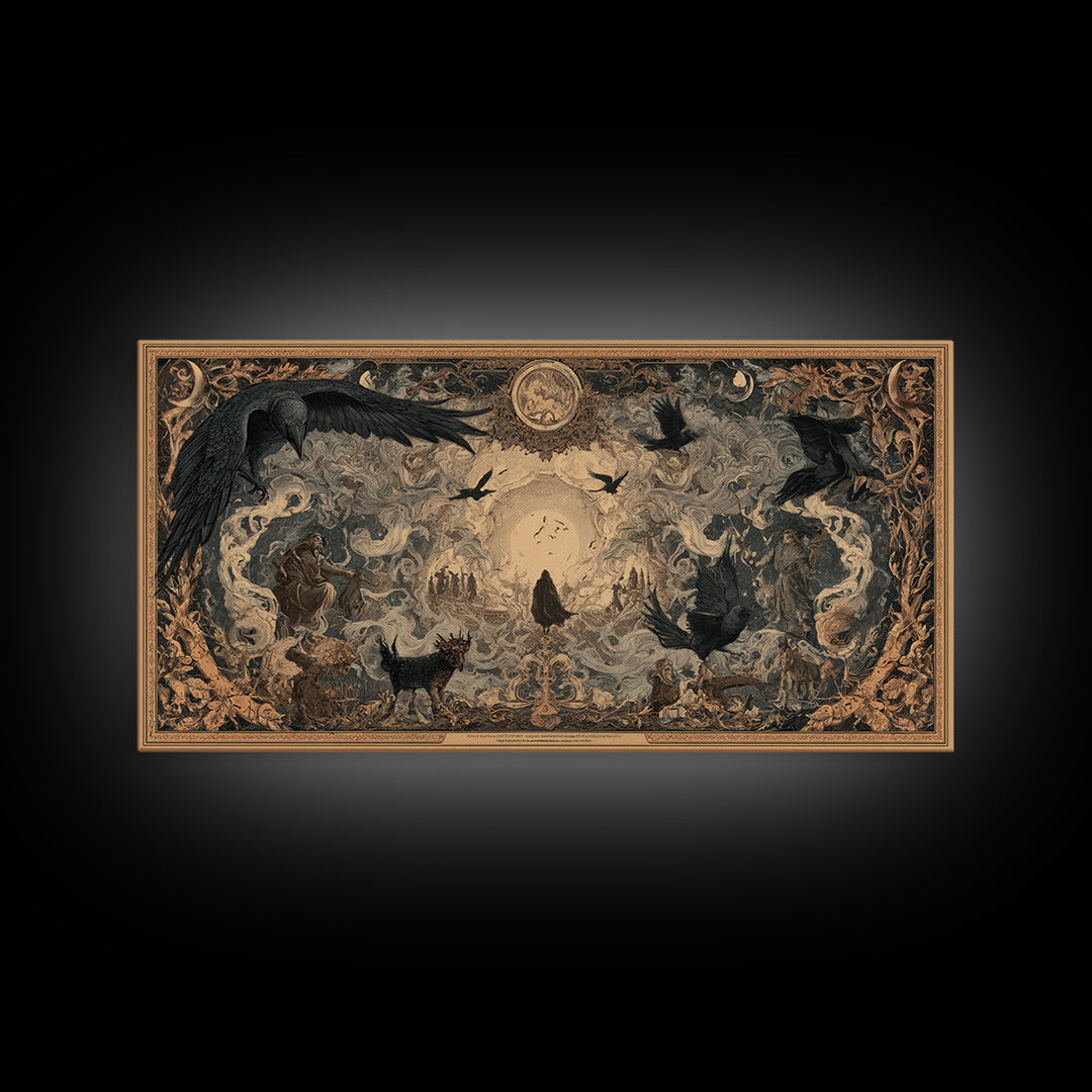 Art Nouveau Witchcraft, Northern Renaissance Horror, Wide Panoramic Art, Dark Fantasy Wall Art, Framed Canvas Print