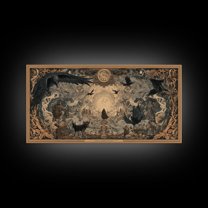 Art Nouveau Witchcraft, Northern Renaissance Horror, Wide Panoramic Art, Dark Fantasy Wall Art, Framed Canvas Print