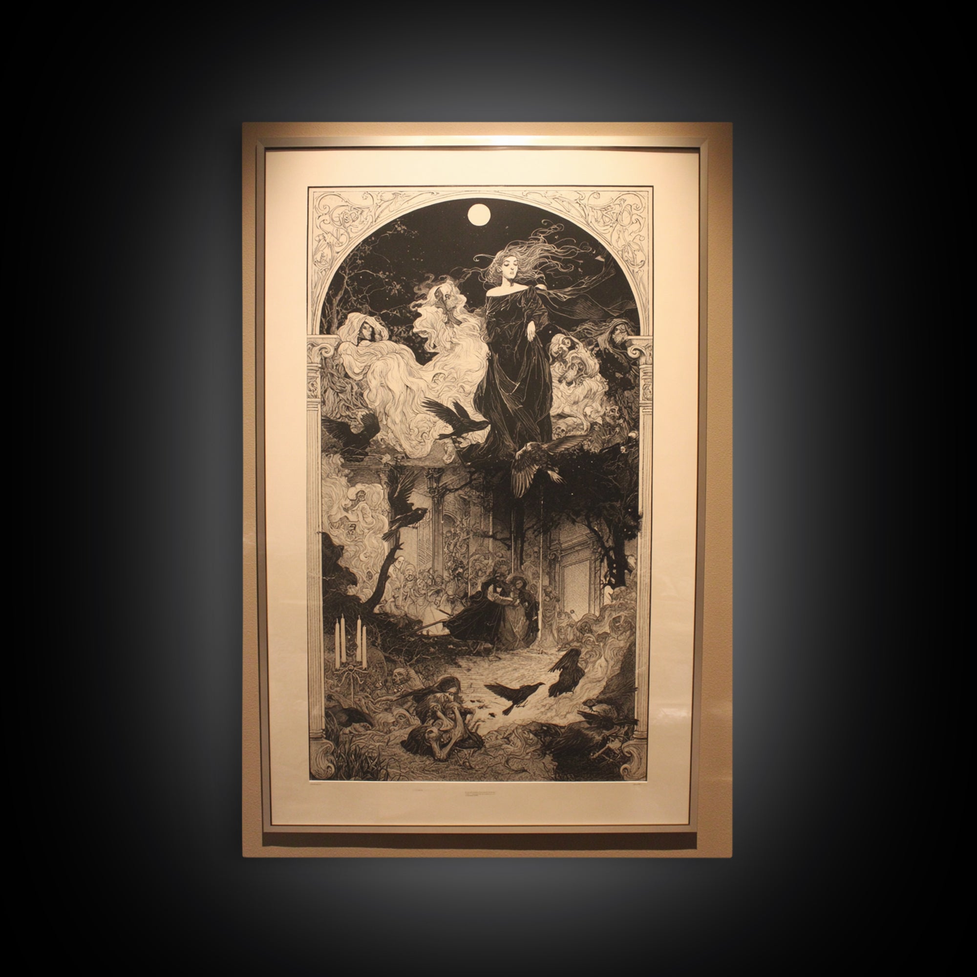 Art Nouveau Witchcraft, Renaissance Engraving Art, Vertical Wall Art, Macabre Wall Art, Framed Canvas Print, Halloween Wall Art