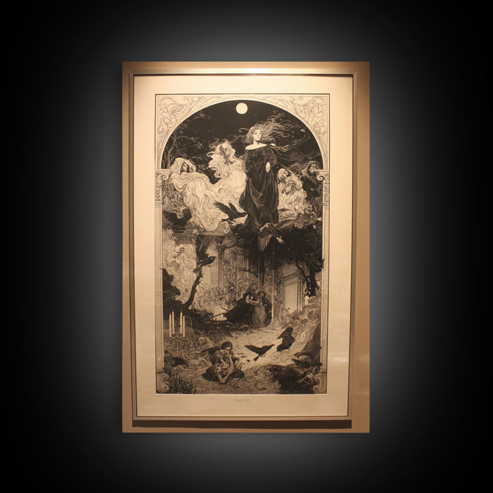 Art Nouveau Witchcraft, Renaissance Engraving Art, Vertical Wall Art, Macabre Wall Art, Framed Canvas Print, Halloween Wall Art
