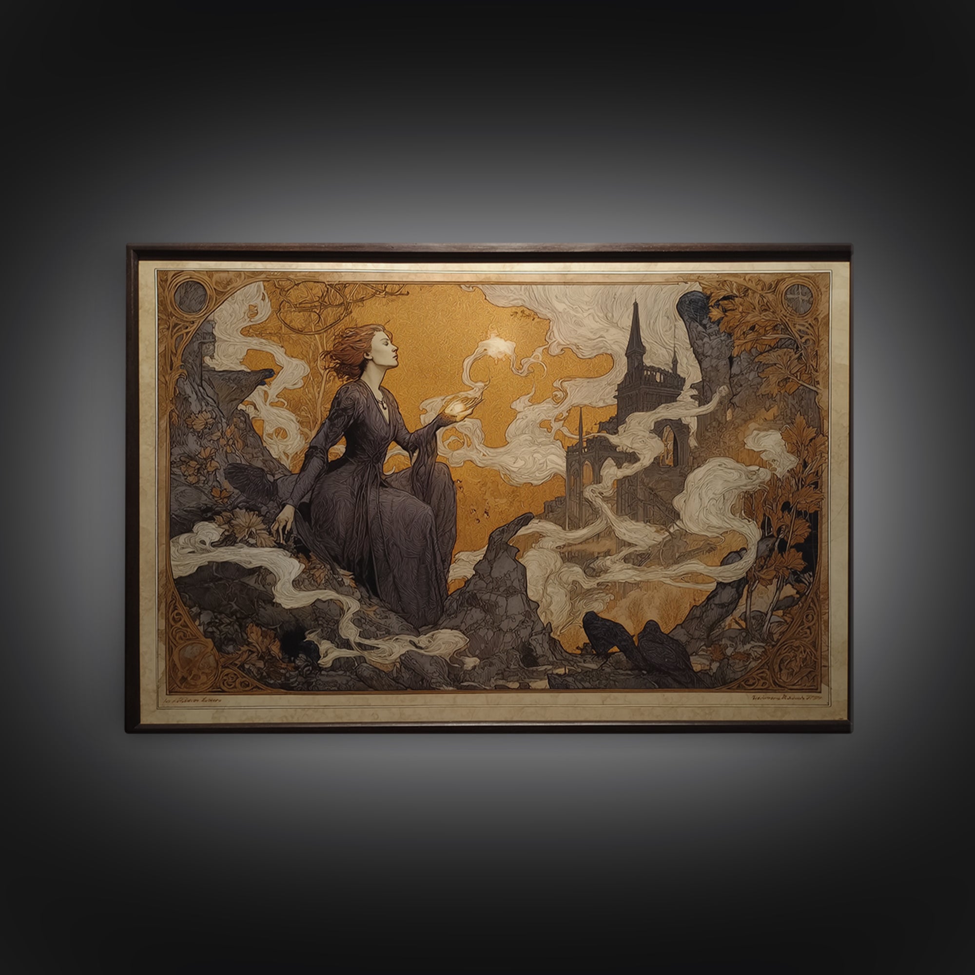 Art Nouveau Witchcraft, Romantic Gothic Landscape, Landscape Wall Art, Dark Halloween Decor, Canvas Print, Halloween Wall Art