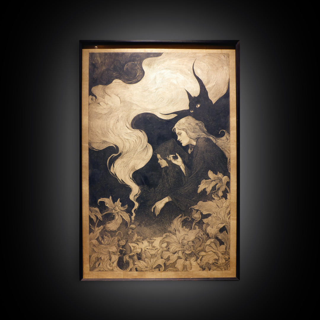 Art Nouveau Witchcraft, Symbolist Dream Art, Vertical Wall Art, Dark Fantasy Wall Art, Framed Canvas Print, Halloween Wall Art
